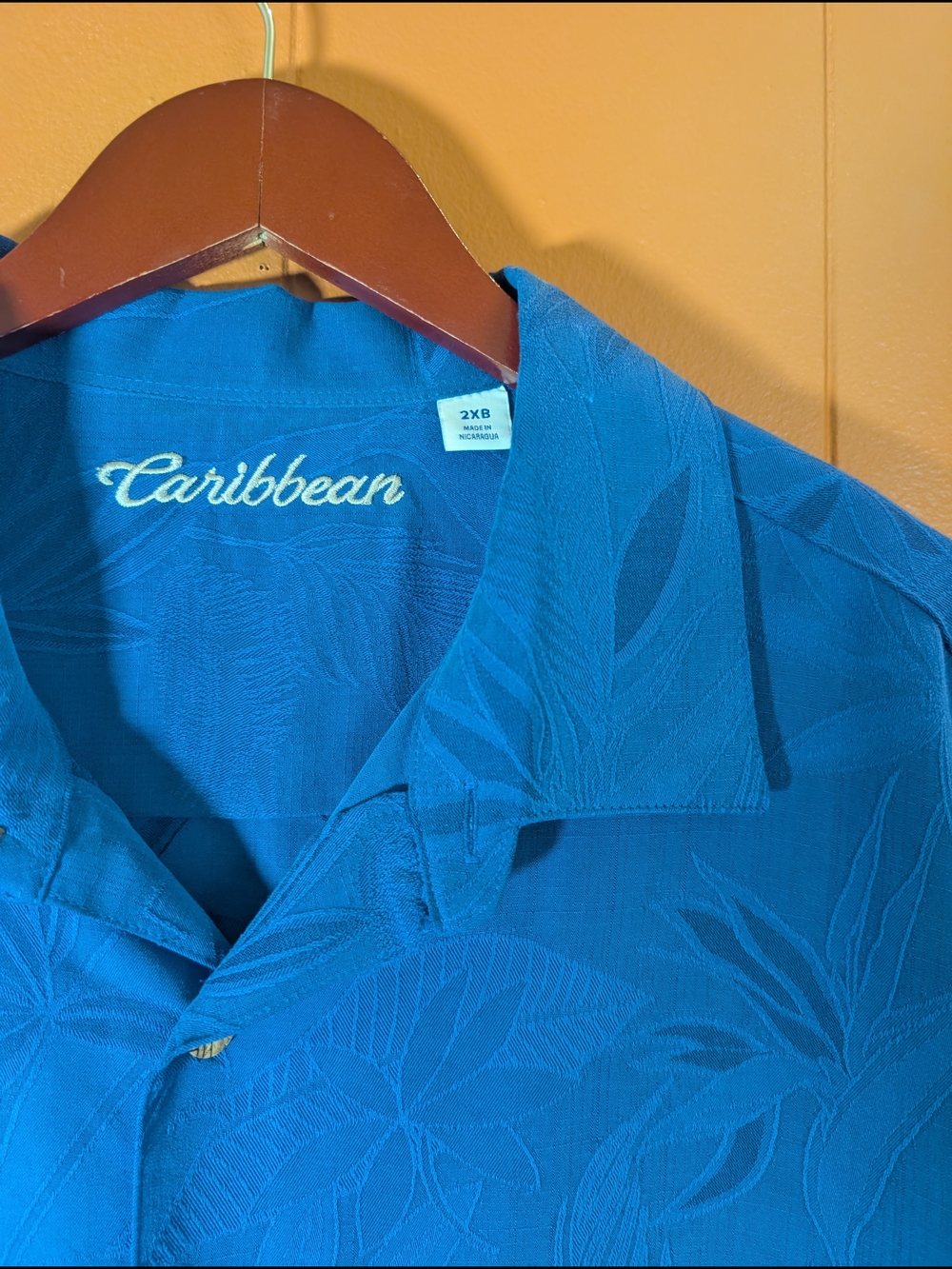 Caribbean Men's 2XB Blue Hawaiian Tropical Jacquard Camp Shirt Big & Tall